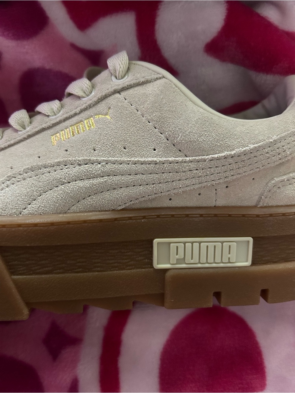 Puma Suede Platform Sneaker in Light Pink with Gold Accent